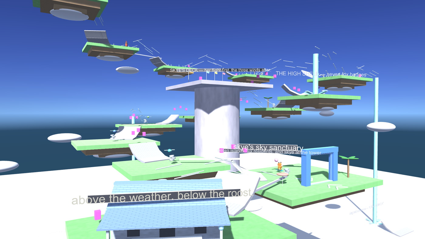 Islands floating in bright sky, linked by updrafts and wind lanes.