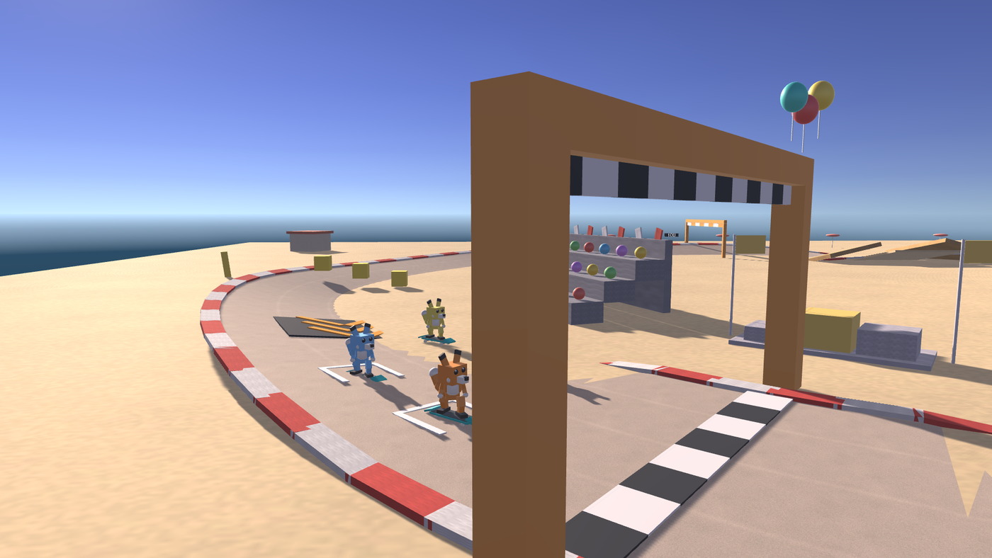 A banked coastal race course with curbs, a boost pad and a start arch.