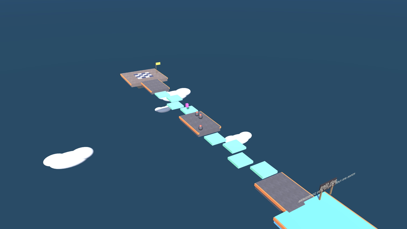A narrow platform run hanging in open sky, with gems along the path and a finish pad ahead.