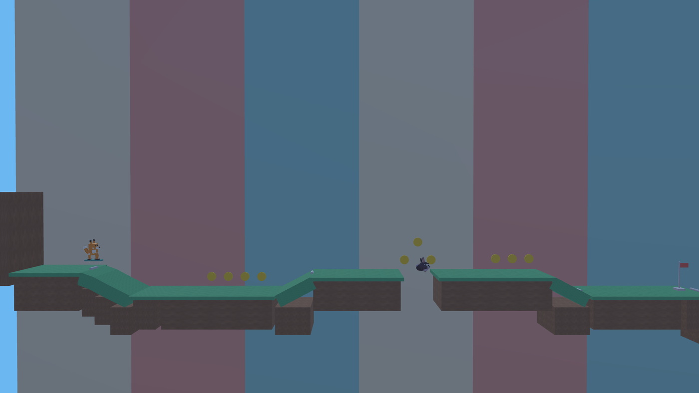 A flat side-scrolling level: blocks, coins, a spring and a goal flag.